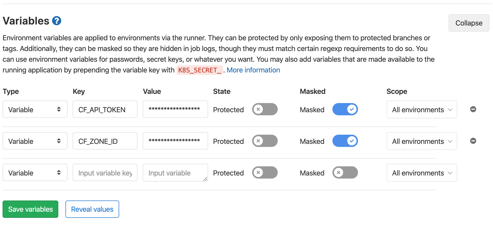 add variables to GitLab CI\CD settings